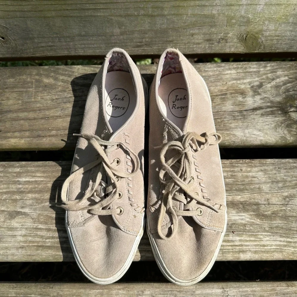 Jack Rogers Carter Tan Suede Whipstitch Lace Up Sneakers Floral Boho Size‎ 11